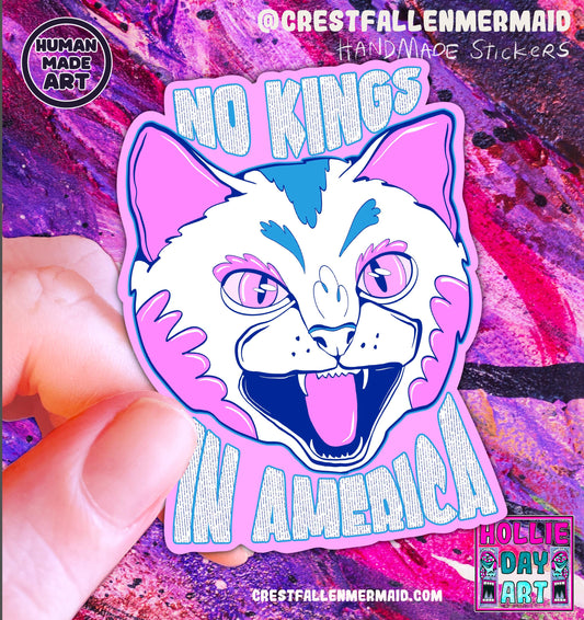 Handmade Cat Sticker: Holographic No Kings America Political Decal (Water Resistant)