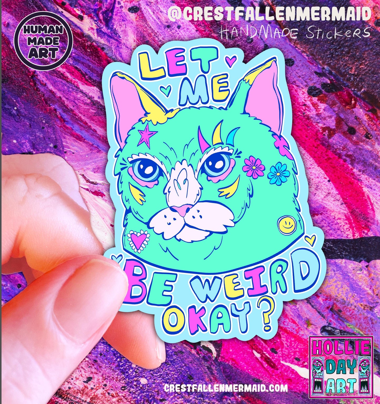 Hand Drawn Sparkly Cat Sticker: Handmade Holographic Cat Decal - let me weird okay