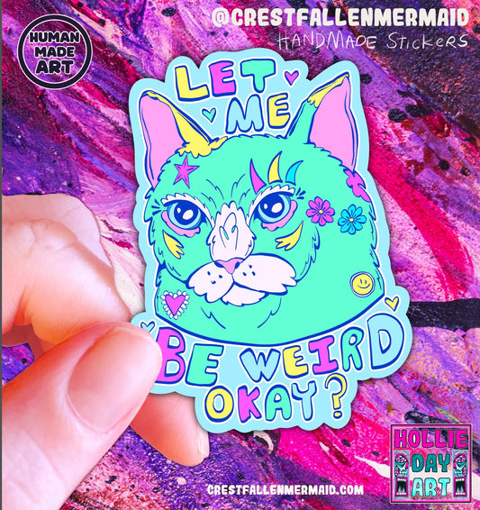 Hand Drawn Sparkly Cat Sticker: Handmade Holographic Cat Decal - let me weird okay