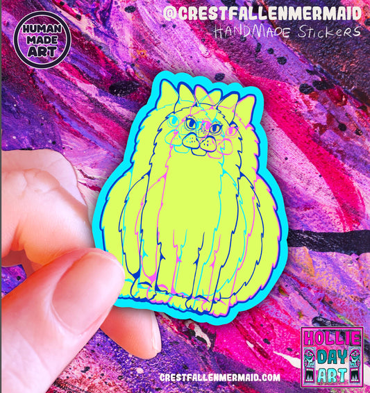 Hand Drawn Yellow Glitch Cat  Sticker - Handmade Cat Sticker: Animal Art