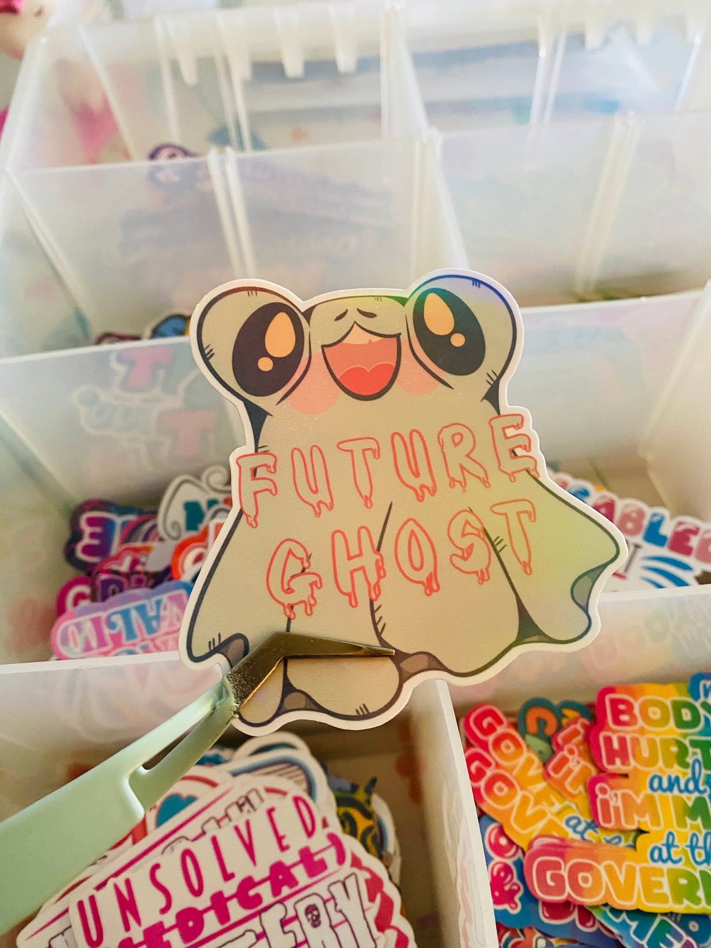 Hand Drawn Ghost Sticker - Holographic Frog Sticker: Handmade Spooky Art