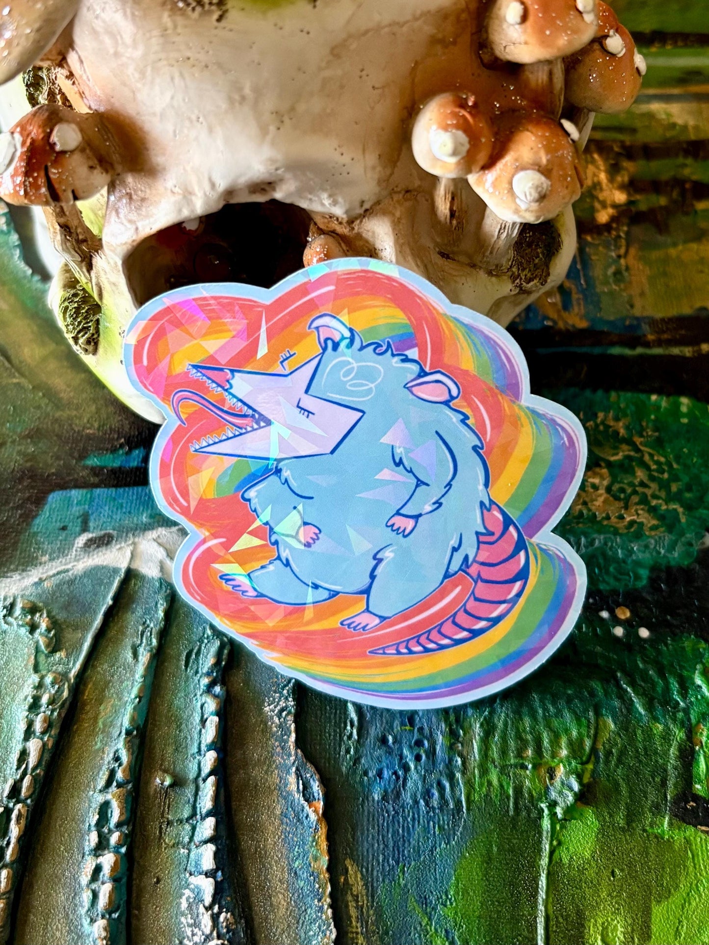 Holographic Whimsical Rainbow Possum Sticker Version 2