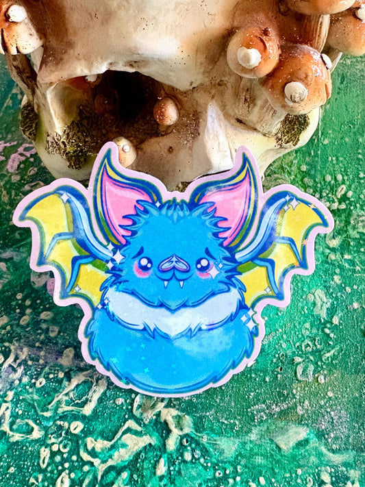 Hand Drawn Lisa Frankie Blue Bat Sticker: Handmade Sparkly Rainbow Halloween Sticker | Hollie Day Artist