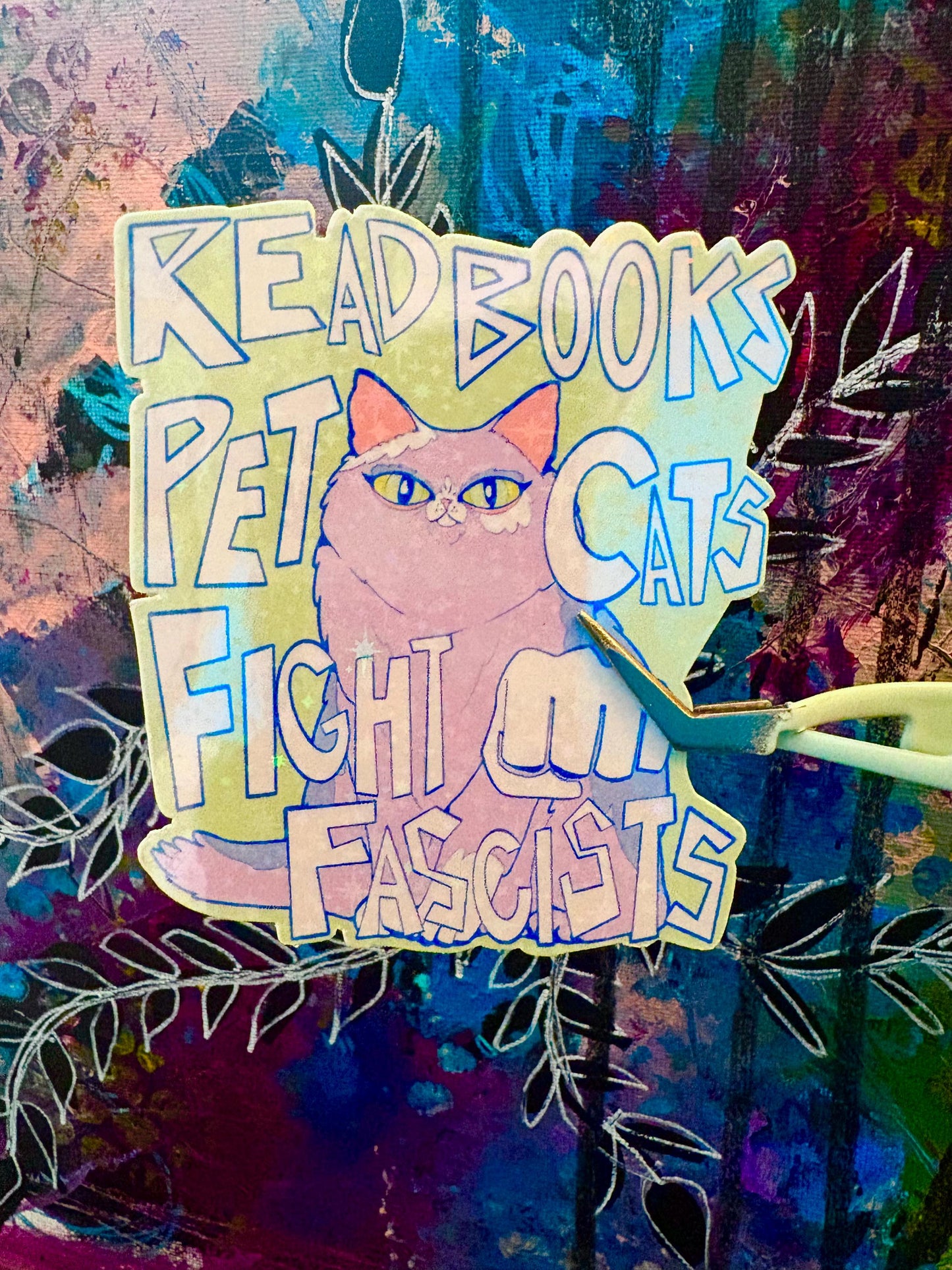 Handmade Sparkly Lavender Cat Sticker: Read Books, Pet Cats, Fight Fascists