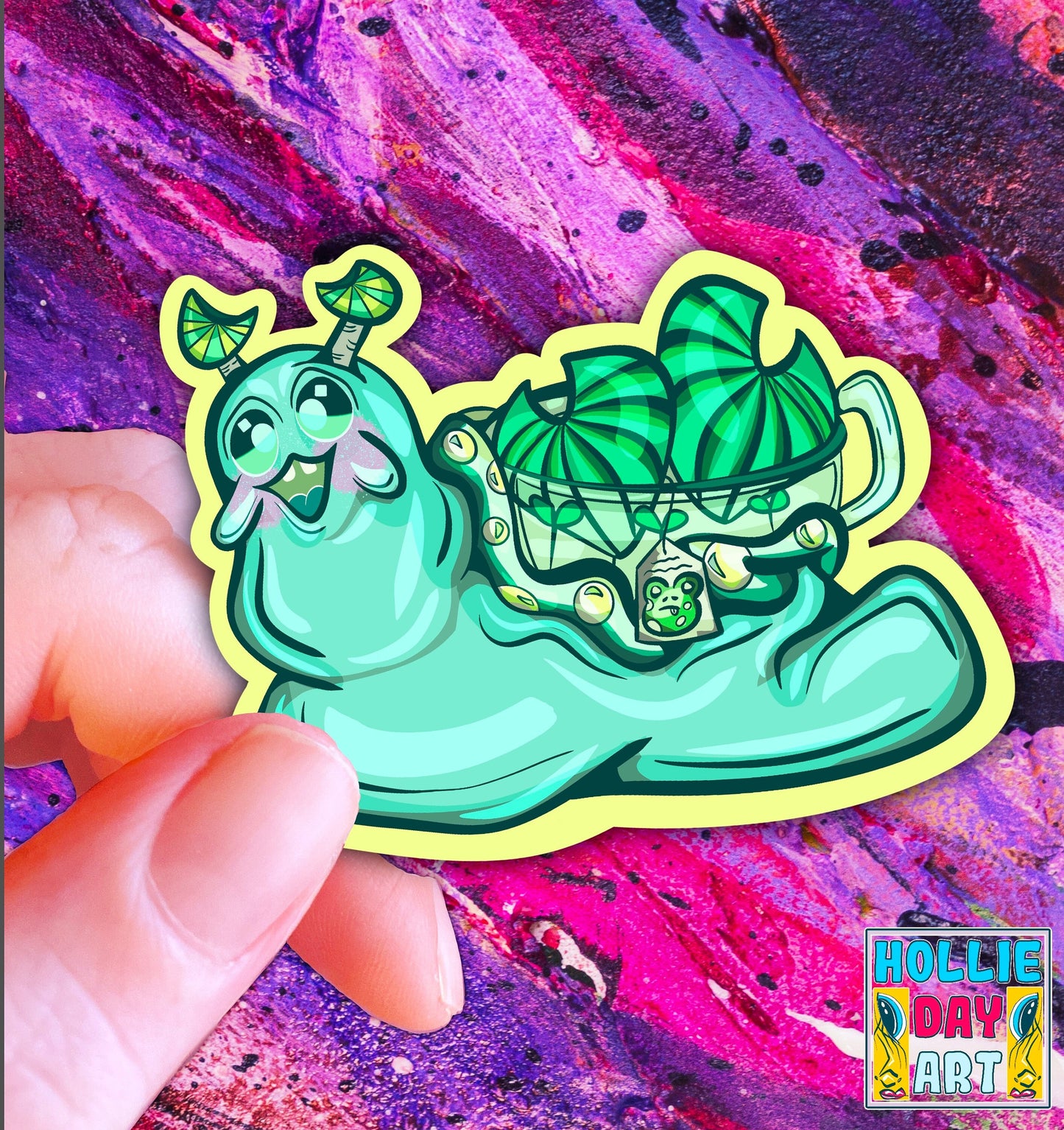 Whimsical Froggy Tea Snail Sticker: Holographic Vinyl - Hollie Day Art