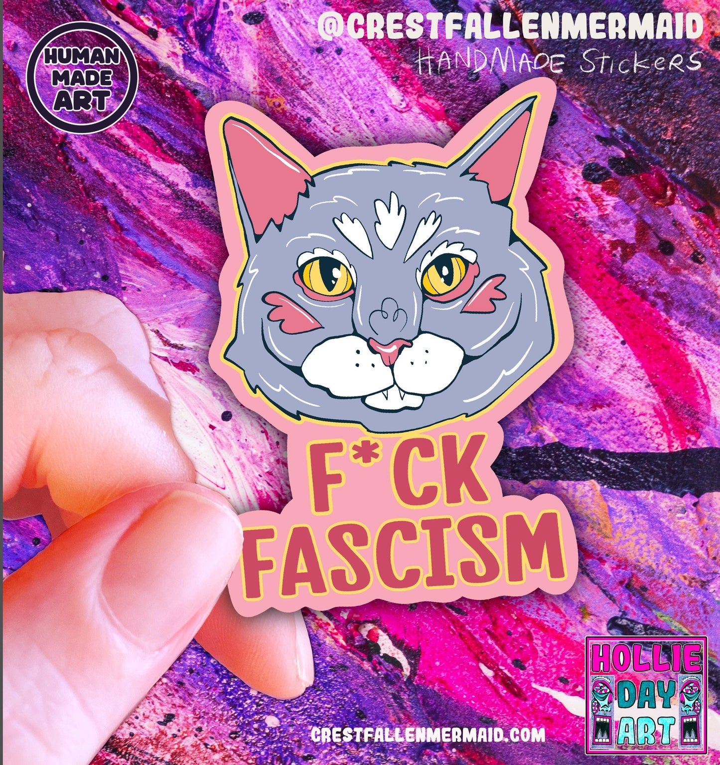 Hand Drawn Grey Cat  Sticker - Handmade F*ck Fascism Cat Sticker: Animal Art