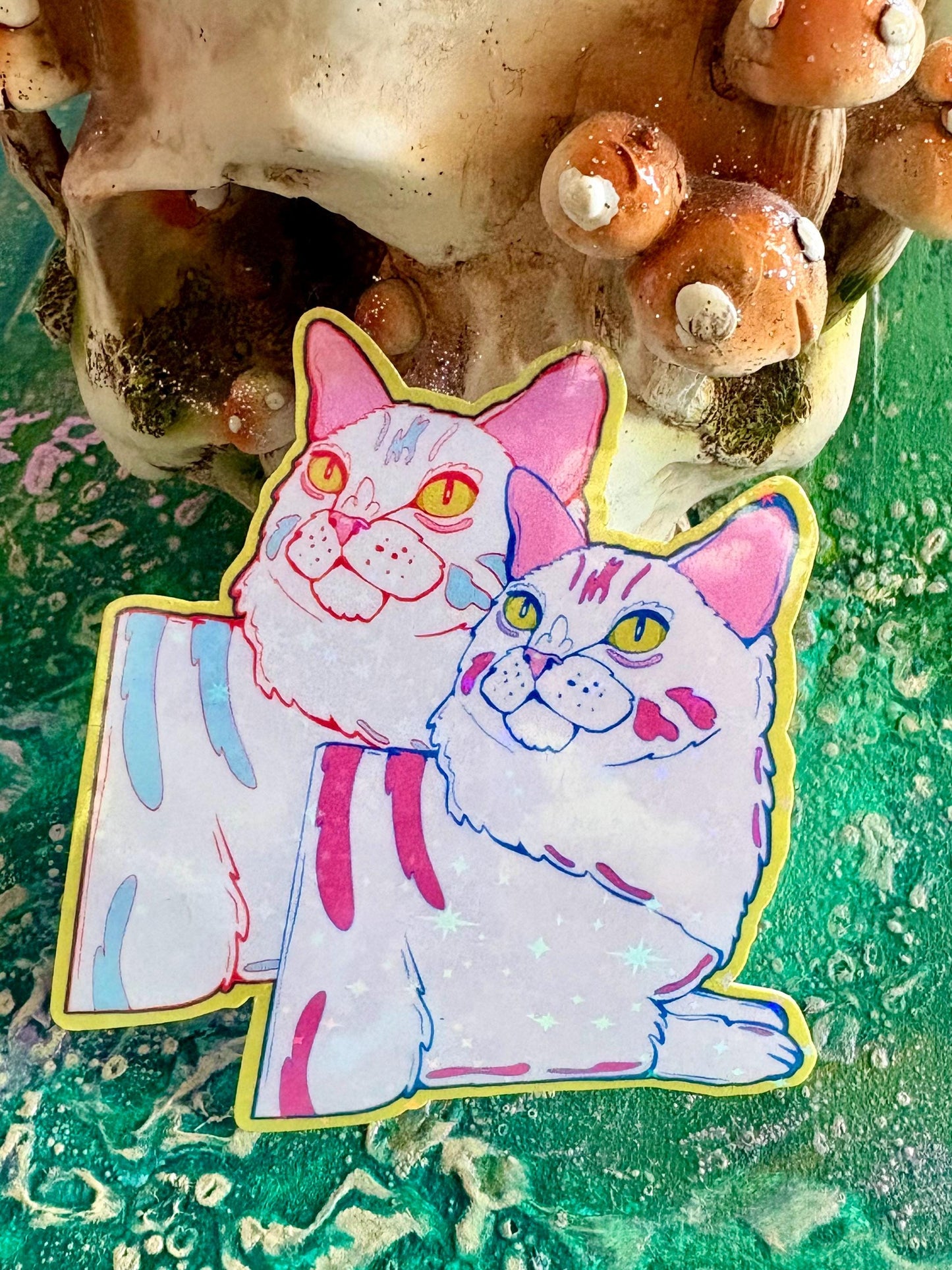 Handmade Sparkly Whimsical Cat Sticker: Hand Drawn Cat Decal