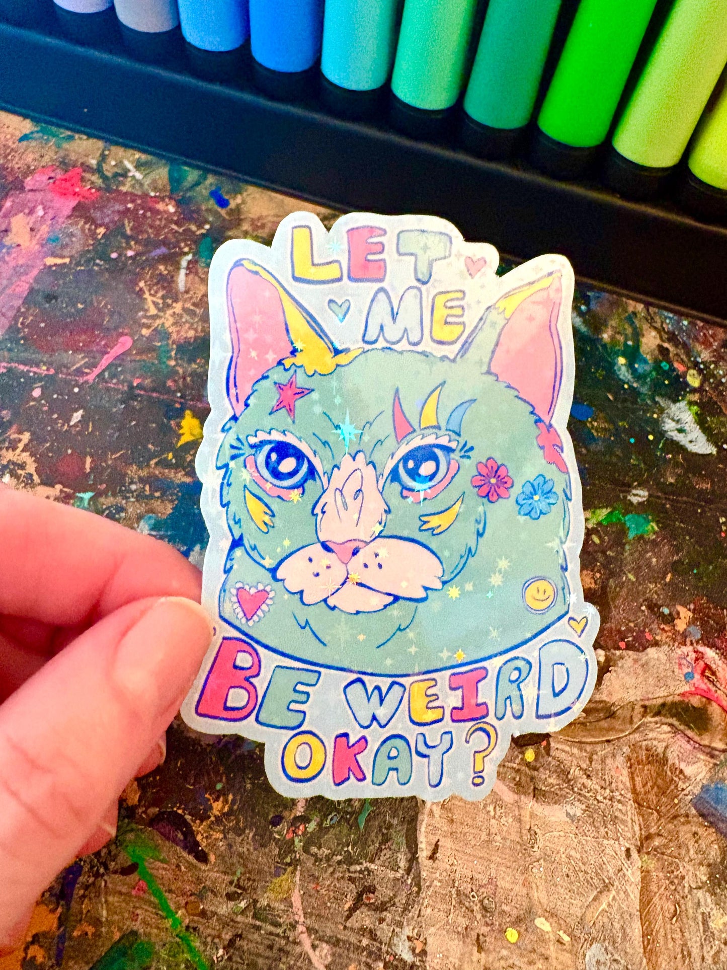 Hand Drawn Sparkly Cat Sticker: Handmade Holographic Cat Decal - let me weird okay