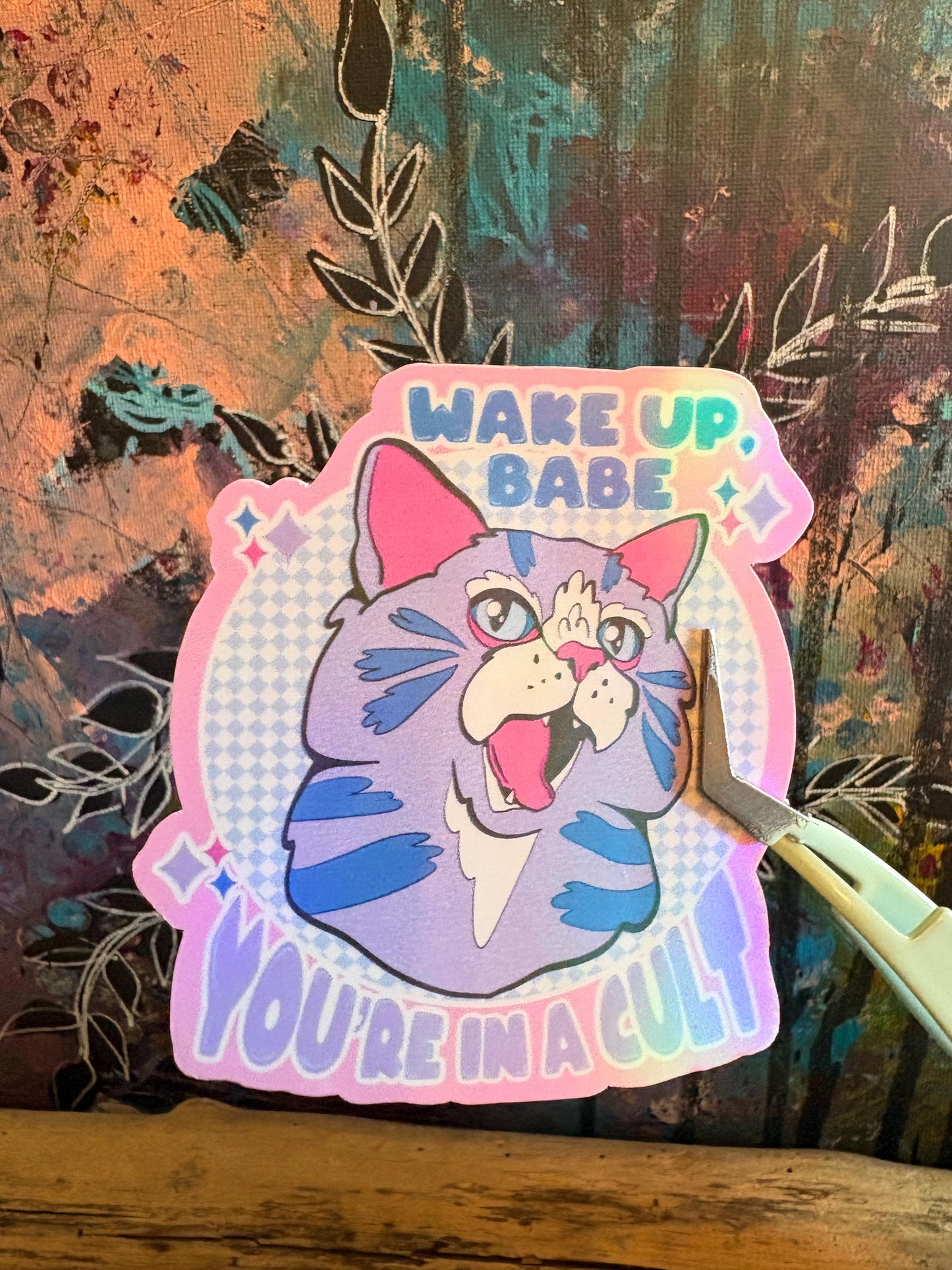 Hand Drawn Sketchy Purple Cat  Sticker - Handmade Wake Up You’re in a Cult Cat Sticker: Animal Art - Human Art - liberal sticker