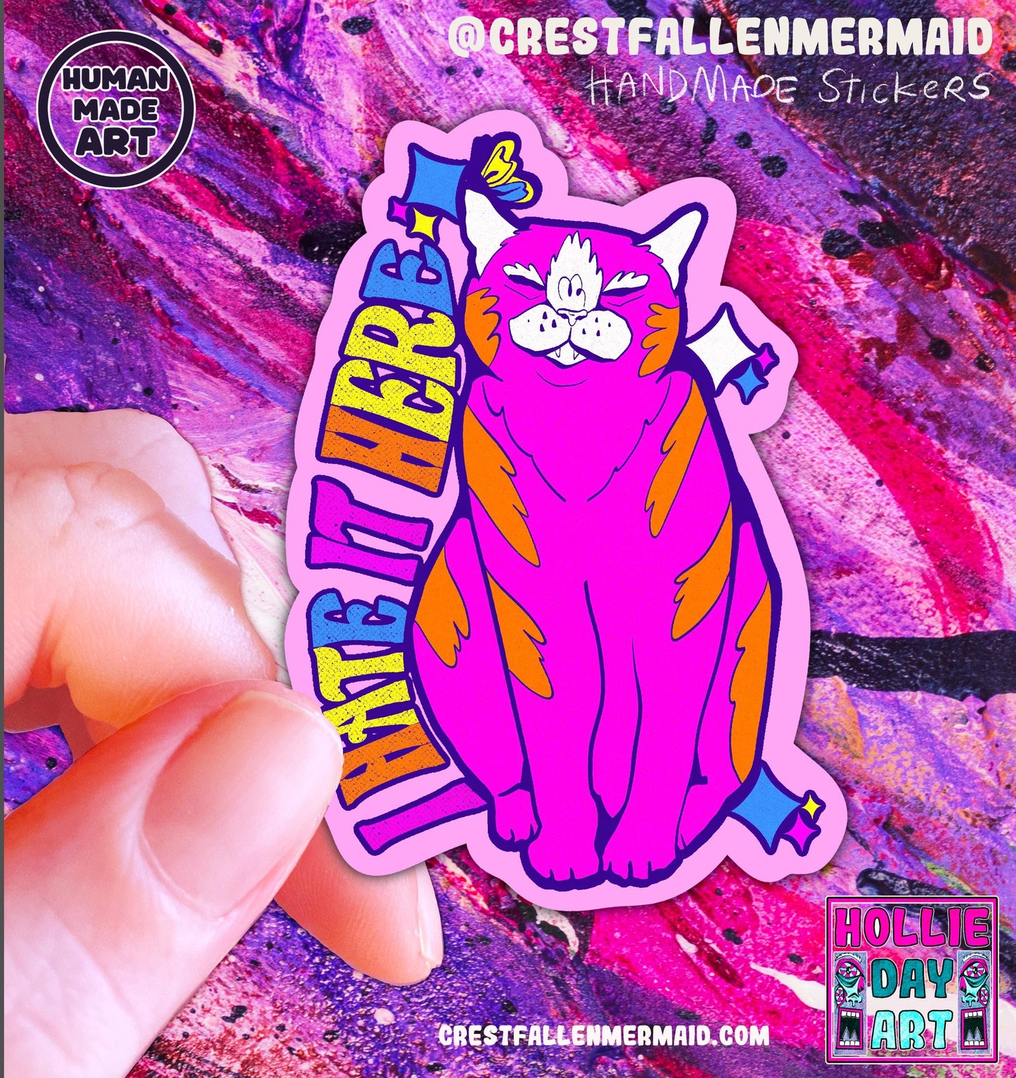 Hand Drawn Cat Sticker – Holographic Laminate, Water Resistant Vinyl Art