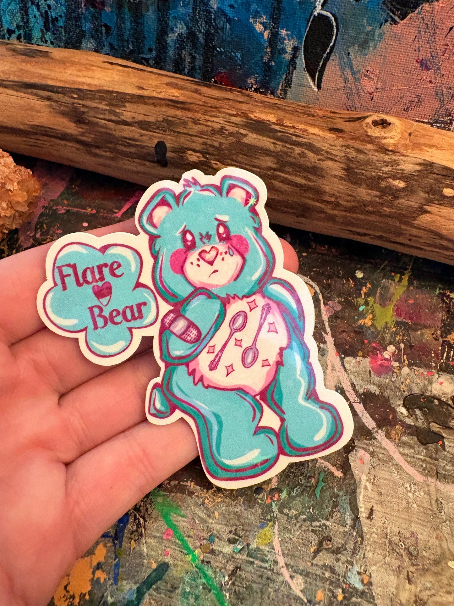 Handmade Sparkly Holographic Flare Bear Sticker: Chronic Illness Awareness Sticker