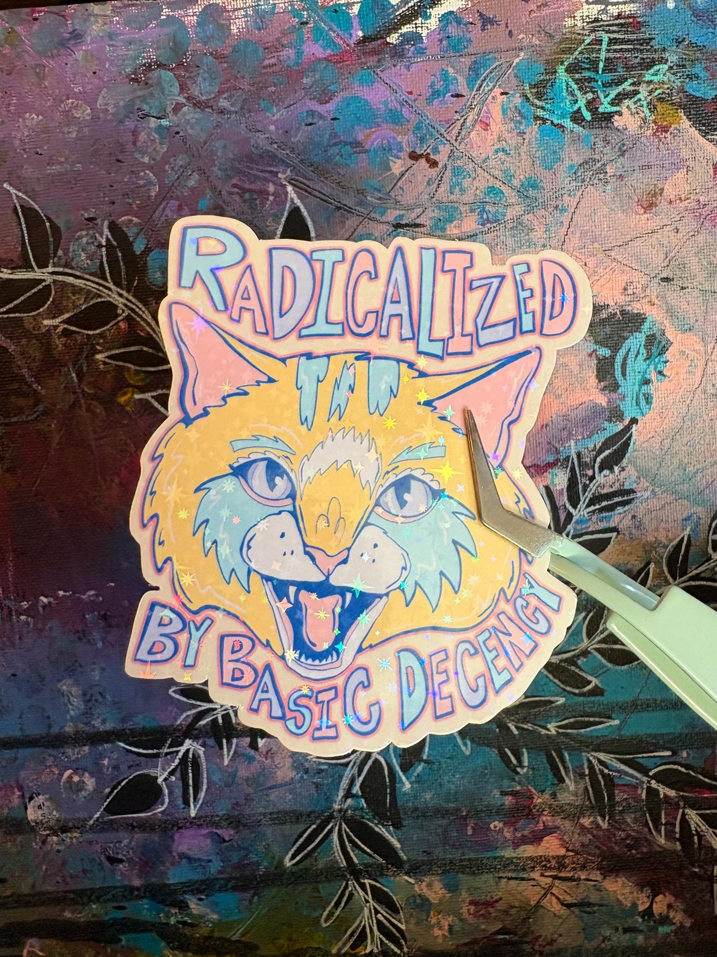 Hand Drawn Sparkly Cat  Sticker - Handmade Radicalized By Basic Human Decency Cat Sticker: Animal Art | Hollie Day Artist