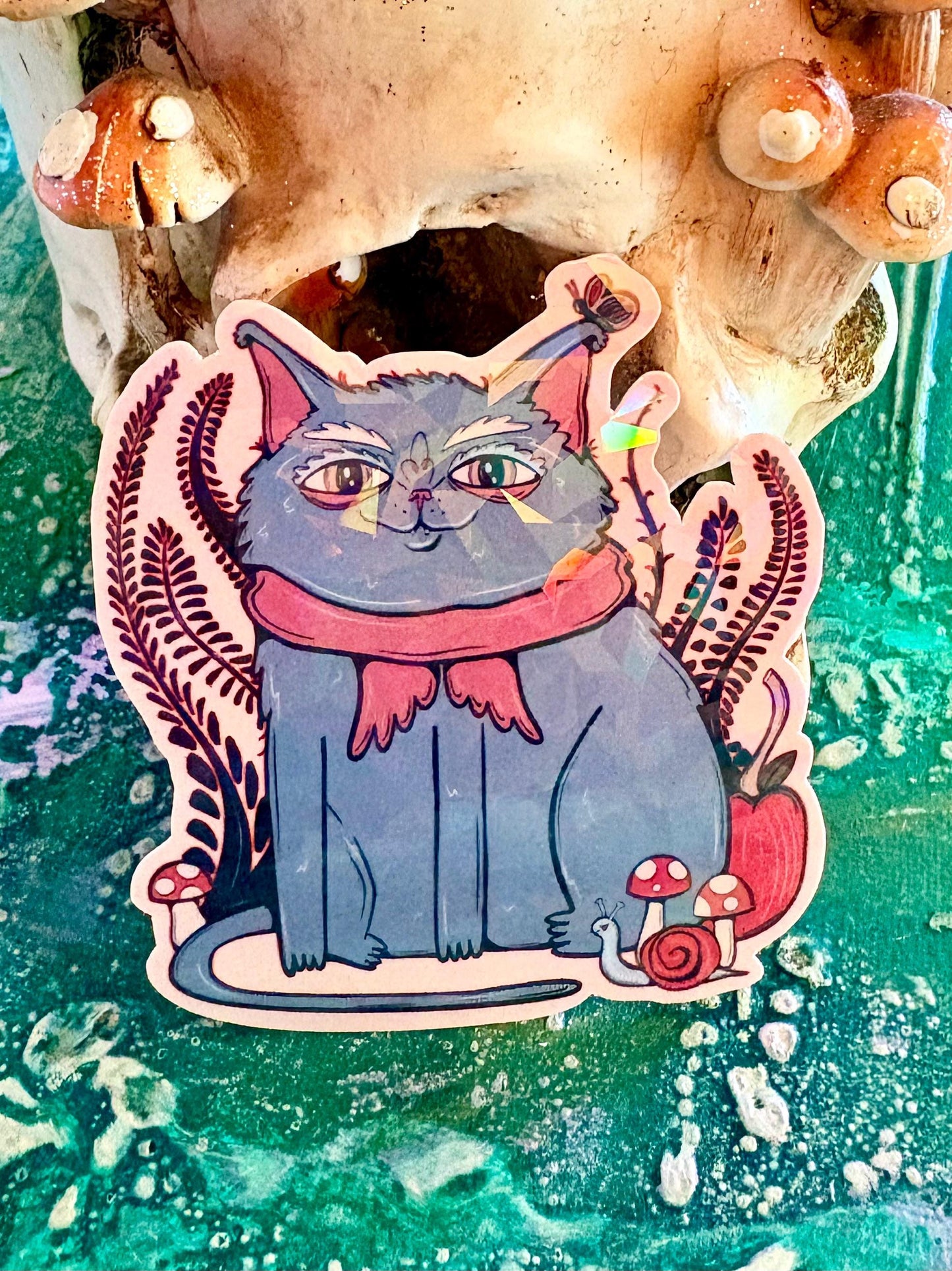 Hand Drawn Grey Cat Sticker – Whimsical Autumn Animal Art, Holographic Laminate