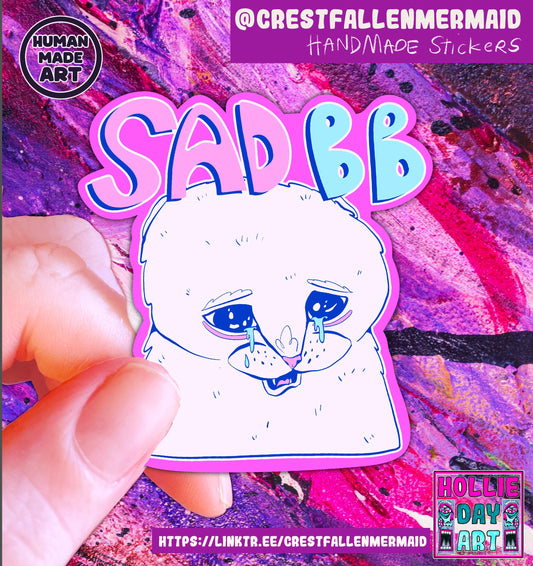 Handmade Sparkly Whimsical Sad Cat Meme Sticker: Hand Drawn Cat Decal