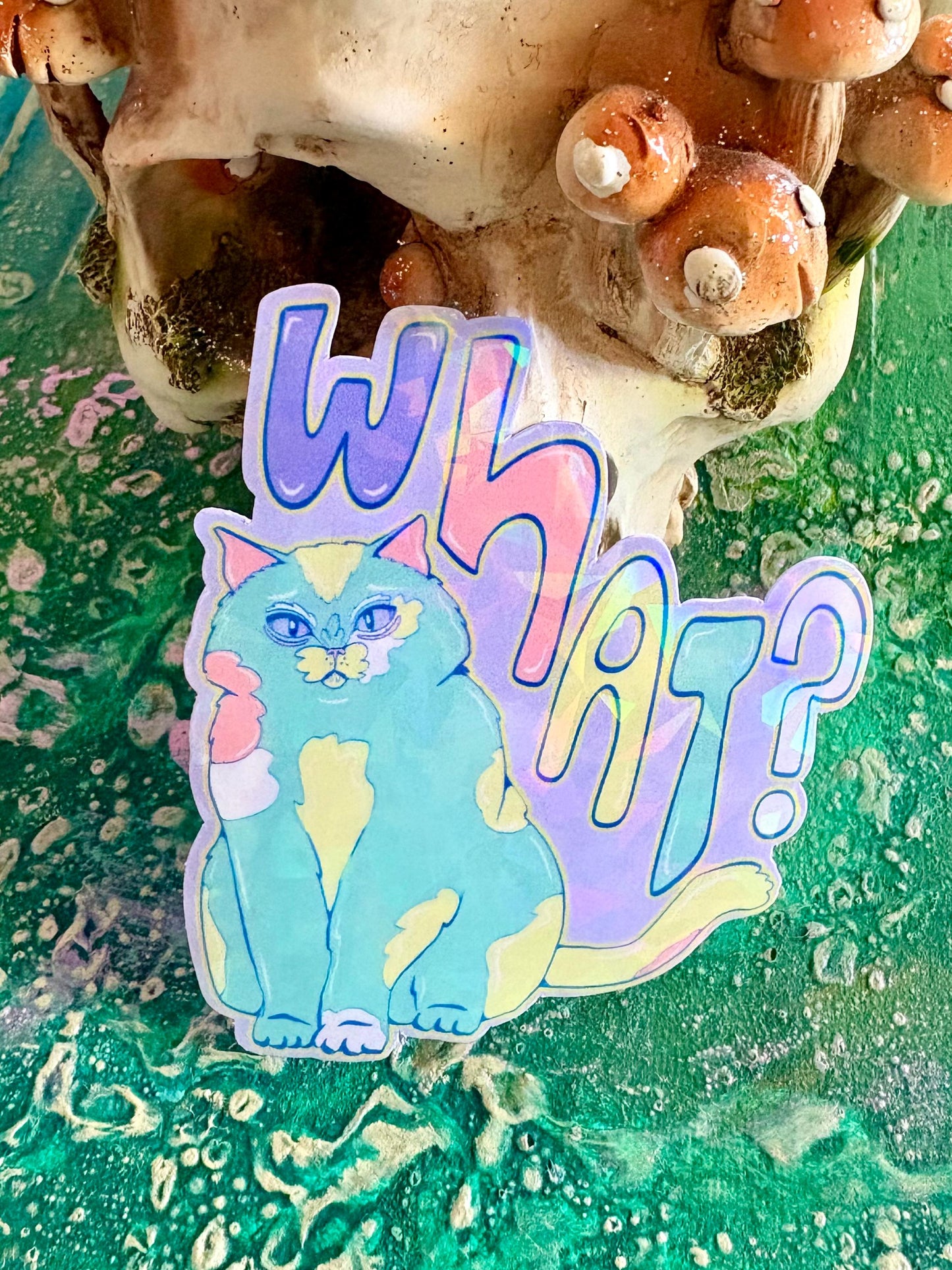 Handmade Holographic Cat Sticker: Hand Drawn Cat Decal, What?