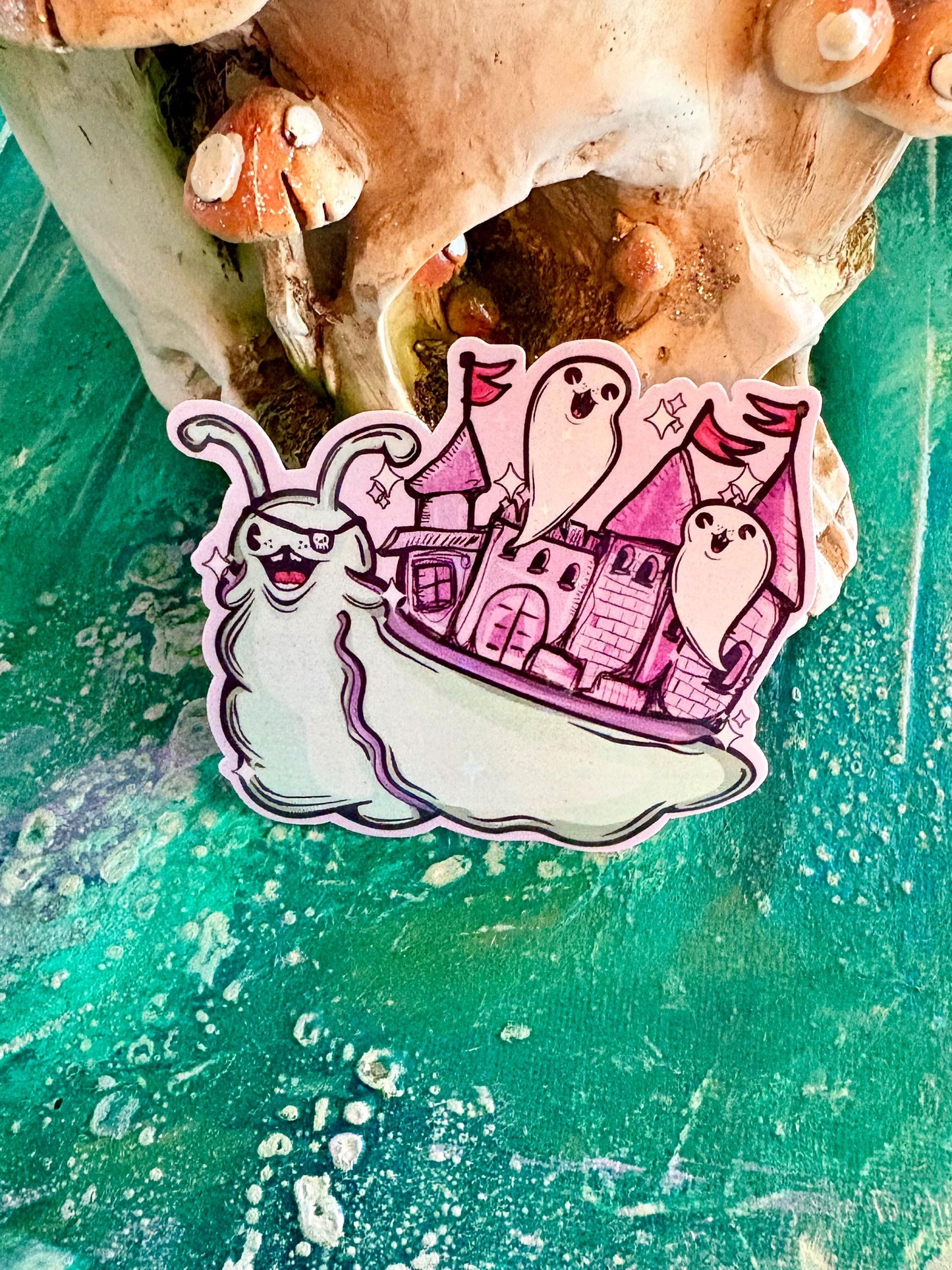 Handmade Sparkly Pirate Snail Sticker: Hand Drawn Holographic Spooky Halloween Ghost Sticker