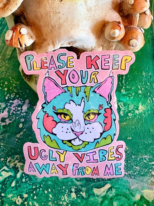 Sparkly Cat Sticker: Hand Drawn Holographic Decal, Keep Ugly Vibes Away