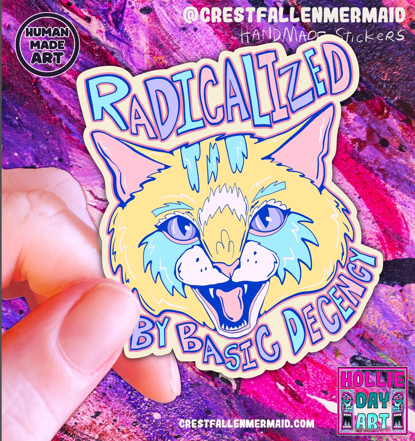 Hand Drawn Sparkly Cat  Sticker - Handmade Radicalized By Basic Human Decency Cat Sticker: Animal Art | Hollie Day Artist