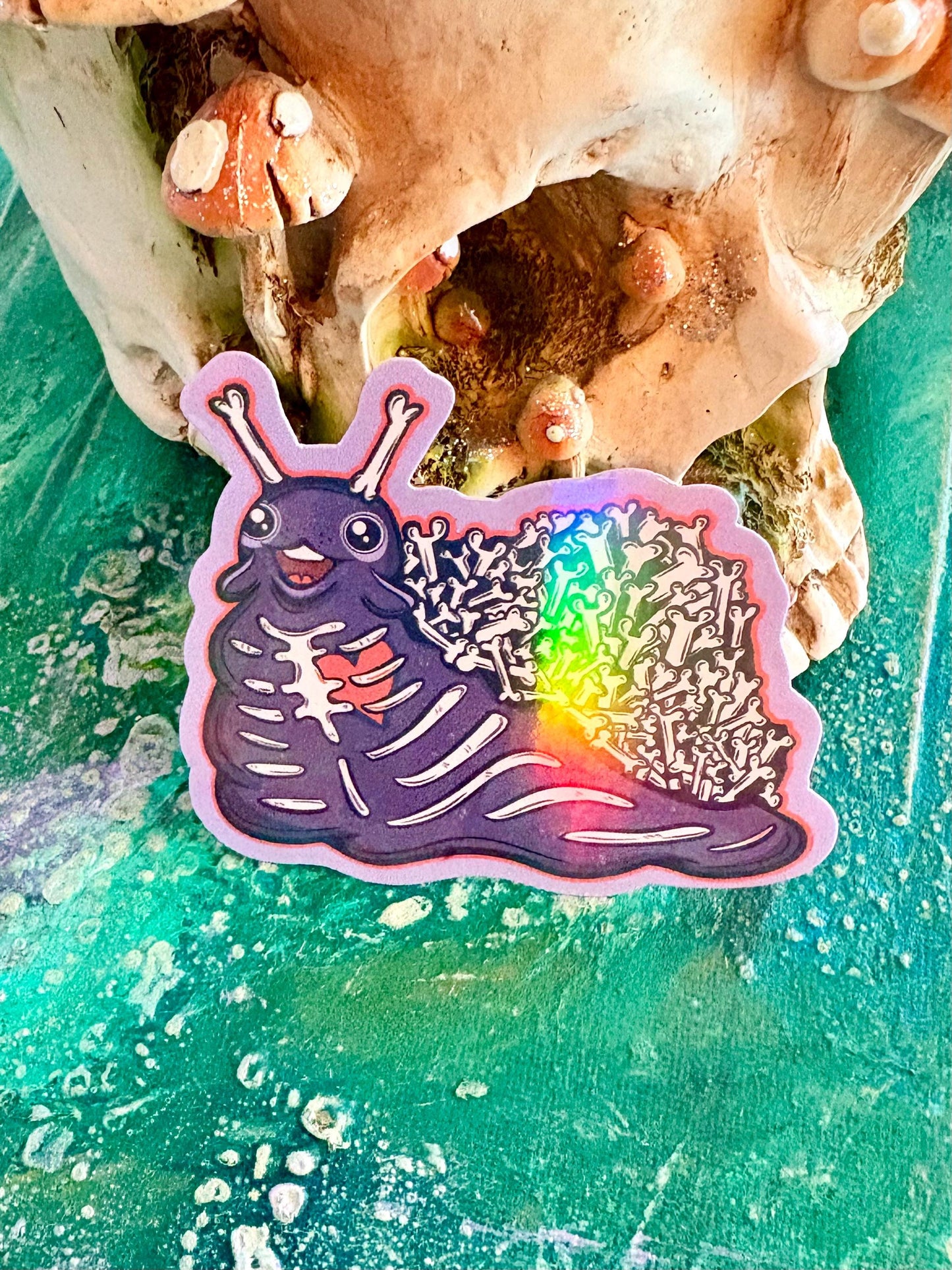 Holographic Skeleton Snail Sticker | Spooky Halloween Vinyl Decal