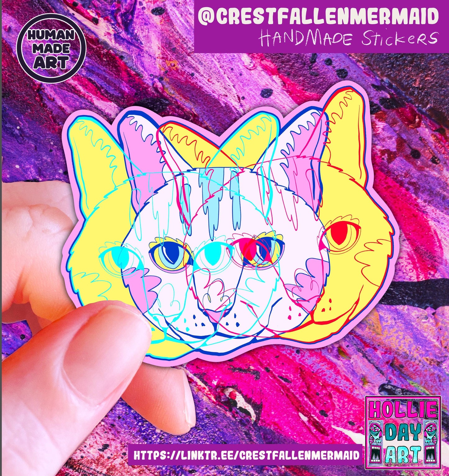 Handmade Sparkly Abstract Cat Sticker: Hand Drawn Cat Decal